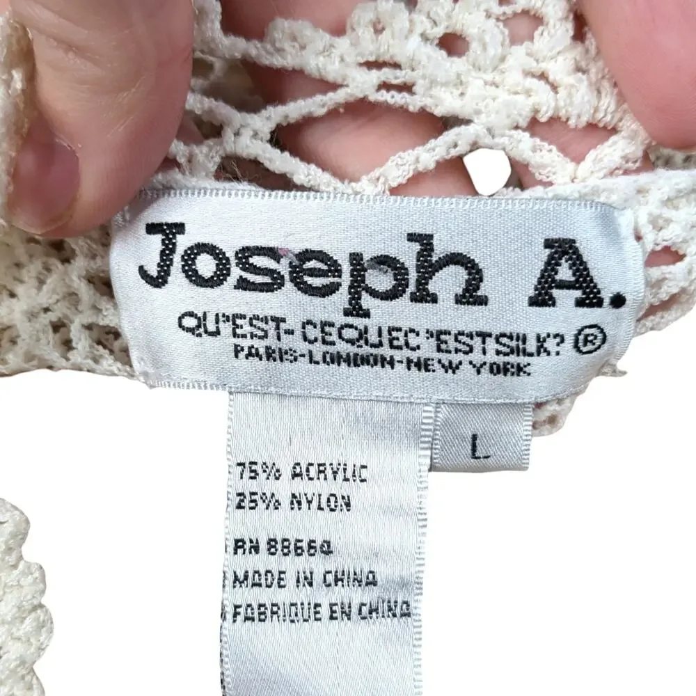 Vintage Joseph A Ivory Open Crochet Knit Sweater Scalloped Pointelle Coquette L